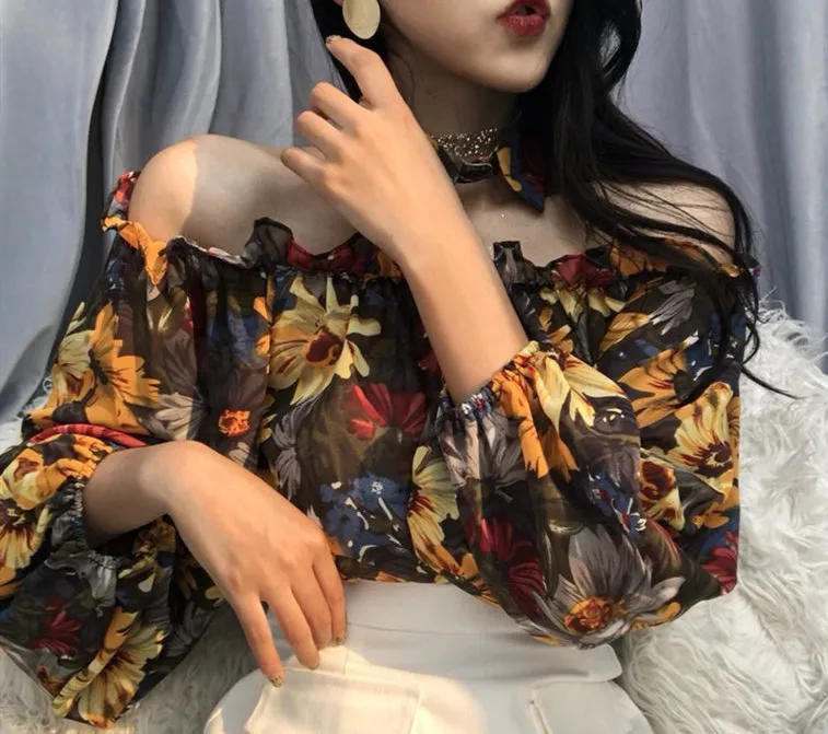 photo color blouse Neploe, новинка, Сексуальная Блузка с вырезом лодочкой и открытыми плечами для женщин,, весна-лето, цветочные рубашки с длинным рукавом, Blusas, винтажные женские топы K312 - Цвет: photo color blouse