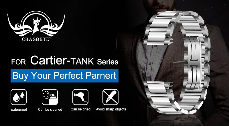Ремешок из нержавеющей стали для часов Cartier-TANK series 15 мм 20 мм застежка-бабочка ремешок петля наручный ремень браслет скрытая застежка серебро