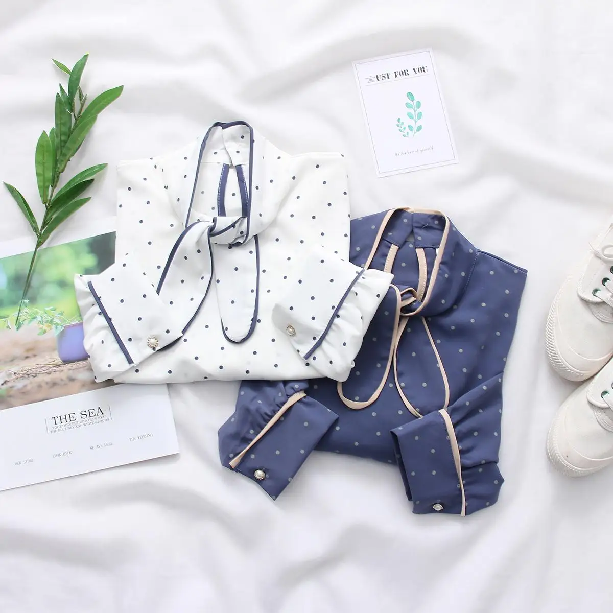 Топы и блузки в горошек Корейском стиле Модные женские рубашки с длинными