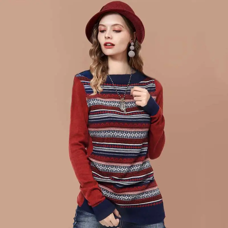 ARTKA Women's Spring Casual Fashion O-Neck Full Sleeve Pullover Striped Pattern Loose Female Sweater Red Pullovers YB18036Q | Женская
