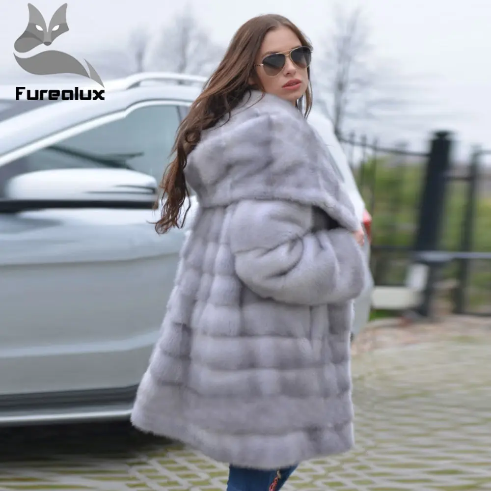 Новое поступление 2019 роскошное серое пальто Furealux из меха норки с капюшоном для