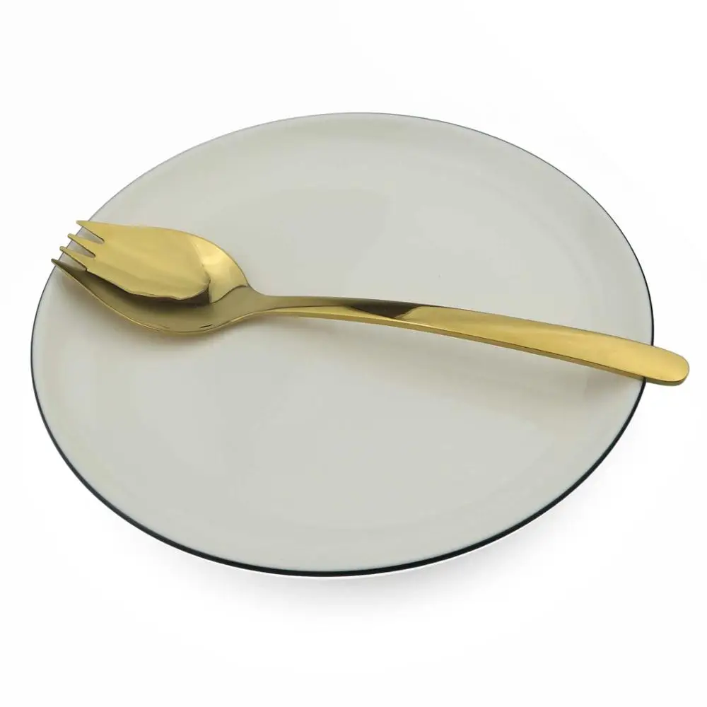 JANKNG 1 шт красочные столовые приборы Spork 304 из нержавеющей стали салатная Ложка Вилка длинная ручка для пикника вилки для фруктов используется для лапши - Цвет: Gold
