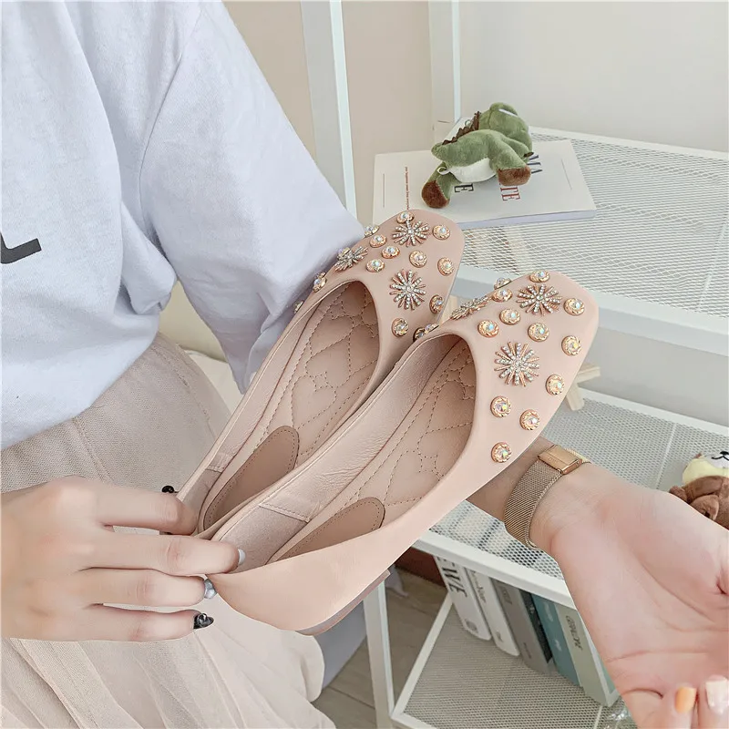 Women's Shoes Crystal Shape Flats Round Toe Ladise Casual Rhinestone Low Heel Flat Female Elegant Zapatos | Обувь