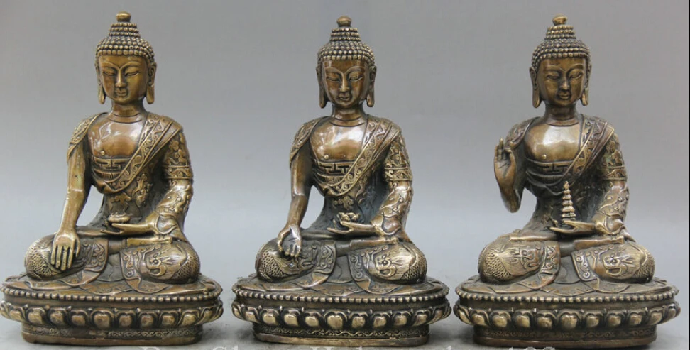 9 &quotТибет Медь Шакьямуни Амитабха дракон халат западные 3 статуя Будды набор r0710