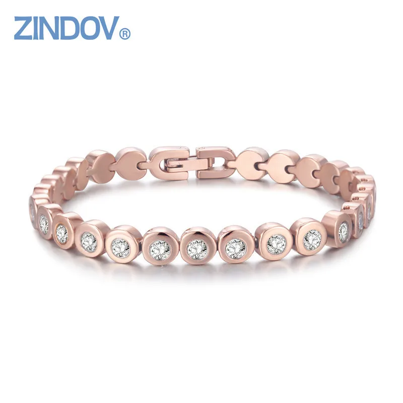 Женский теннисный браслет ZINDOV из нержавеющей стали цвета розового золота с