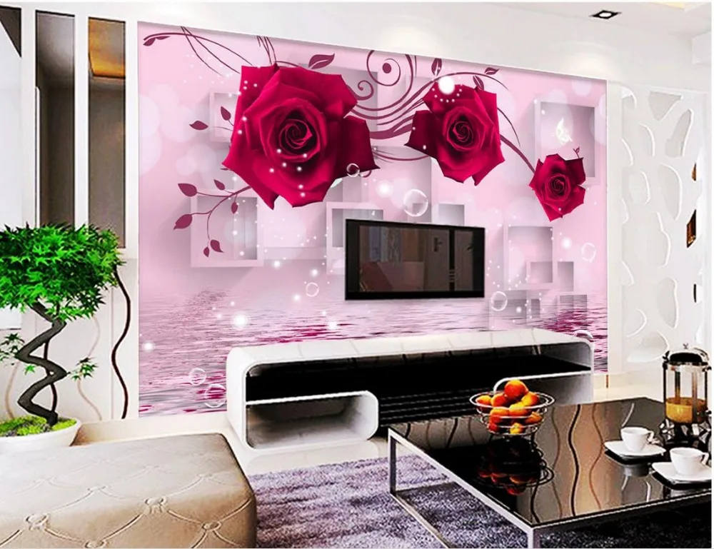 3d обои цветок красная роза отражение росписи для ТВ Декорации стен|3d wall paper|wall