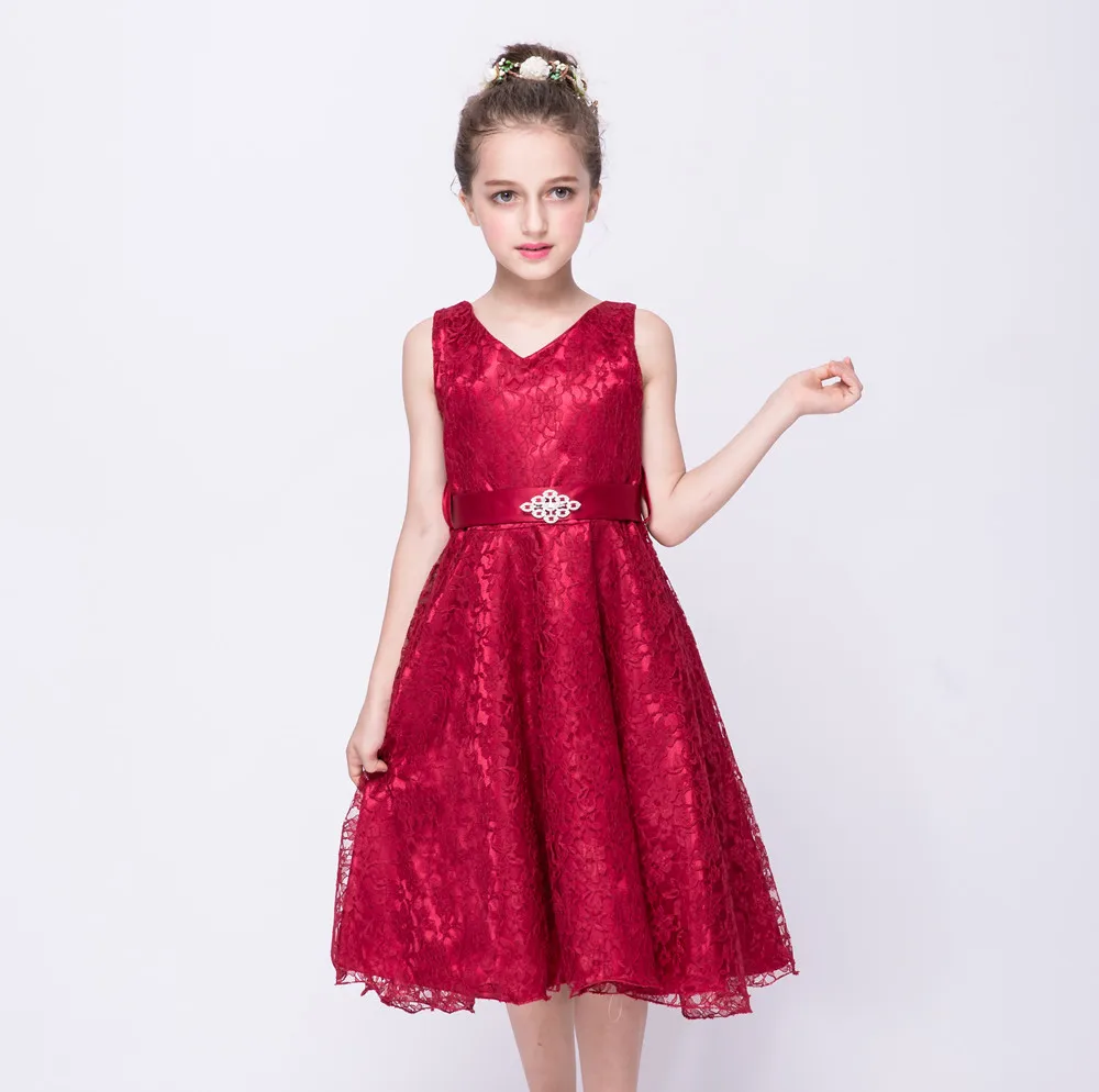 Red wine color OLEKID/ г. Летнее нарядное платье для девочек; Брендовое Сетчатое кружевное свадебное платье принцессы без рукавов для девочек; От 3 до 12 лет платье для подростков - Цвет: Red wine color