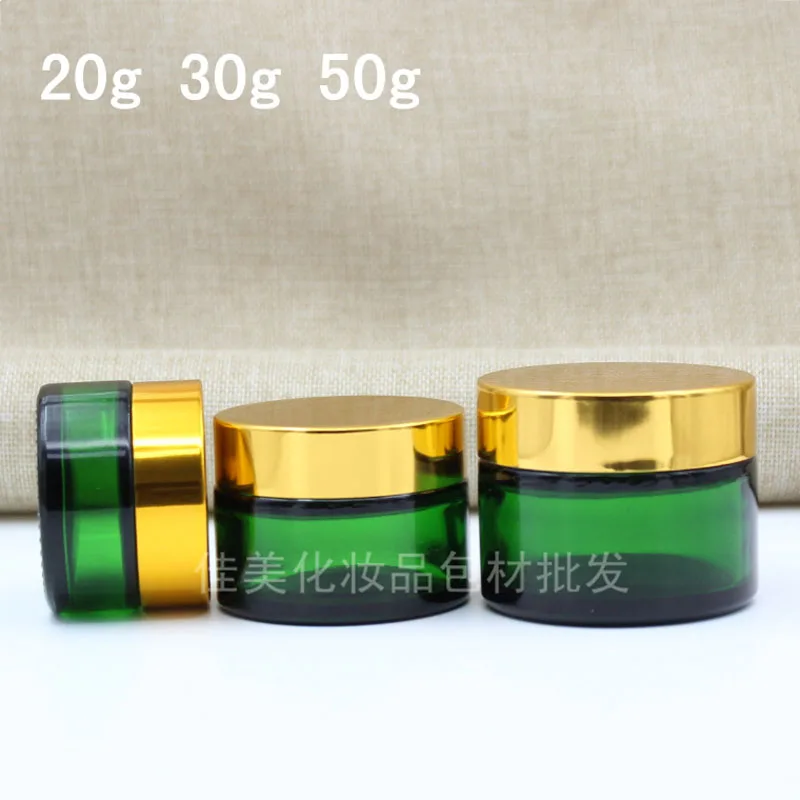 

10pcs 20 g 30 g 50g Cream Green Glass Jar Empty Bottles Refillable Container Cosmetic Gold / Silver / Black Cap Choose