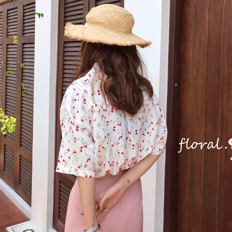 2019 летние топы в Корейском стиле с цветочным принтом женская короткими рукавами