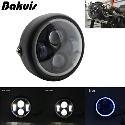 blue halo Black 6,5 дюймов мотоциклетный гриль головной светильник с Bracktes мотоцикл ретро-фары мотор мото скутер винтажный передний светильник круглая лампа - Цвет: blue halo Black
