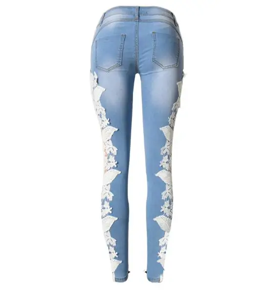 

New Fashion Women Elastic Pencil Pants Low Waist Jeans Denim Double Side Spliced Lace Hollow Out Sexy Skinny Trousers Women D127