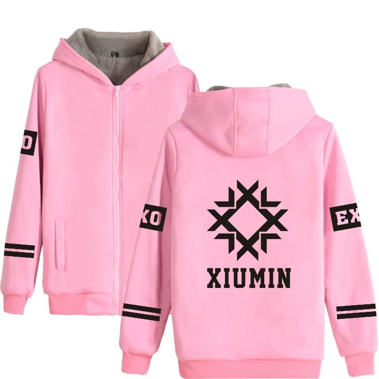 Женская толстовка на молнии Kpop EXO серая или розовая теплая из плотного хлопка в