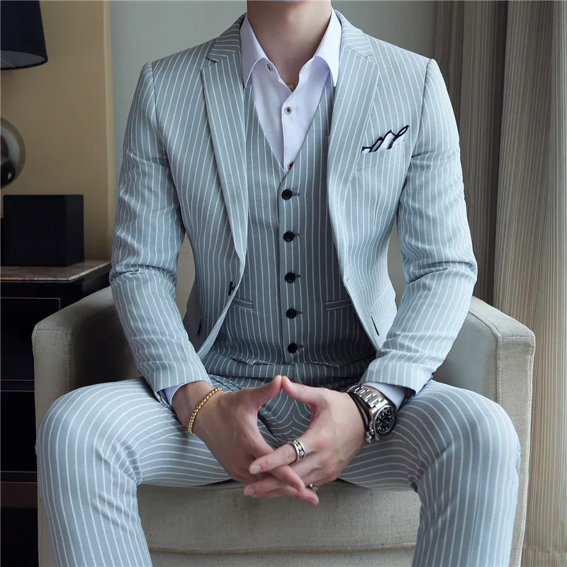 Lake blue 5 colors Elegant Stripe Suit Terno Costume Homme Luxe Tuxedo Suit Formal Smoking Uomo Party Weddin Slim Fit Banquet Suit Men - Цвет: Lake blue