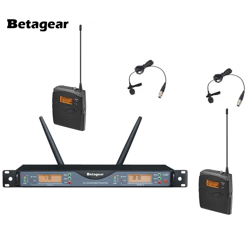 

Betagear Professional Microphone RU24D4D Pro 2CH DJ Stage Church Wireless UHF Dual Lavalier Microphone System microfono mikrafon