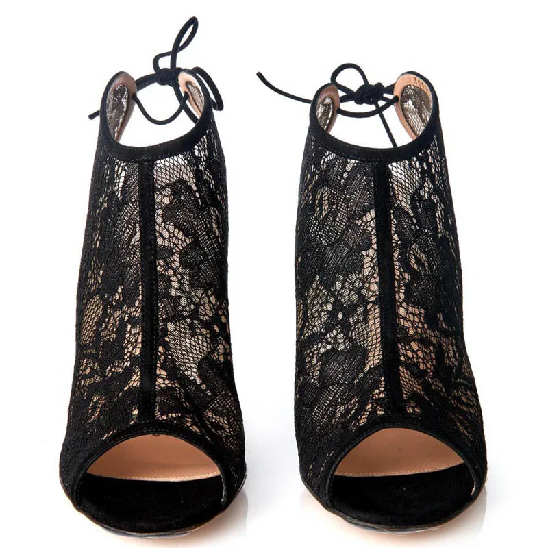 Fashion Trends Black Lace Temptation Summer boots Ankle Strap Peep toe Slingback Breathble Shoes Heels High 12CM |