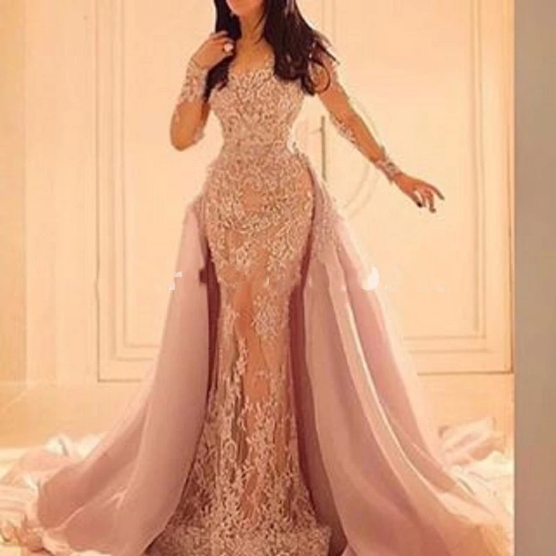Вечернее платье с длинными рукавами и кружевной аппликацией длинное Русалка для