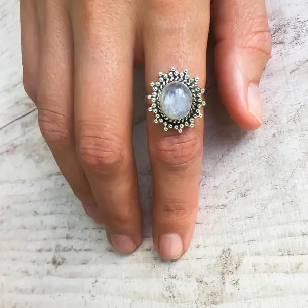 Classic silver color Inlaid Moonstone Ring for women European and American Vintage Retro Thai Silver Jewelry Accessories | Украшения и