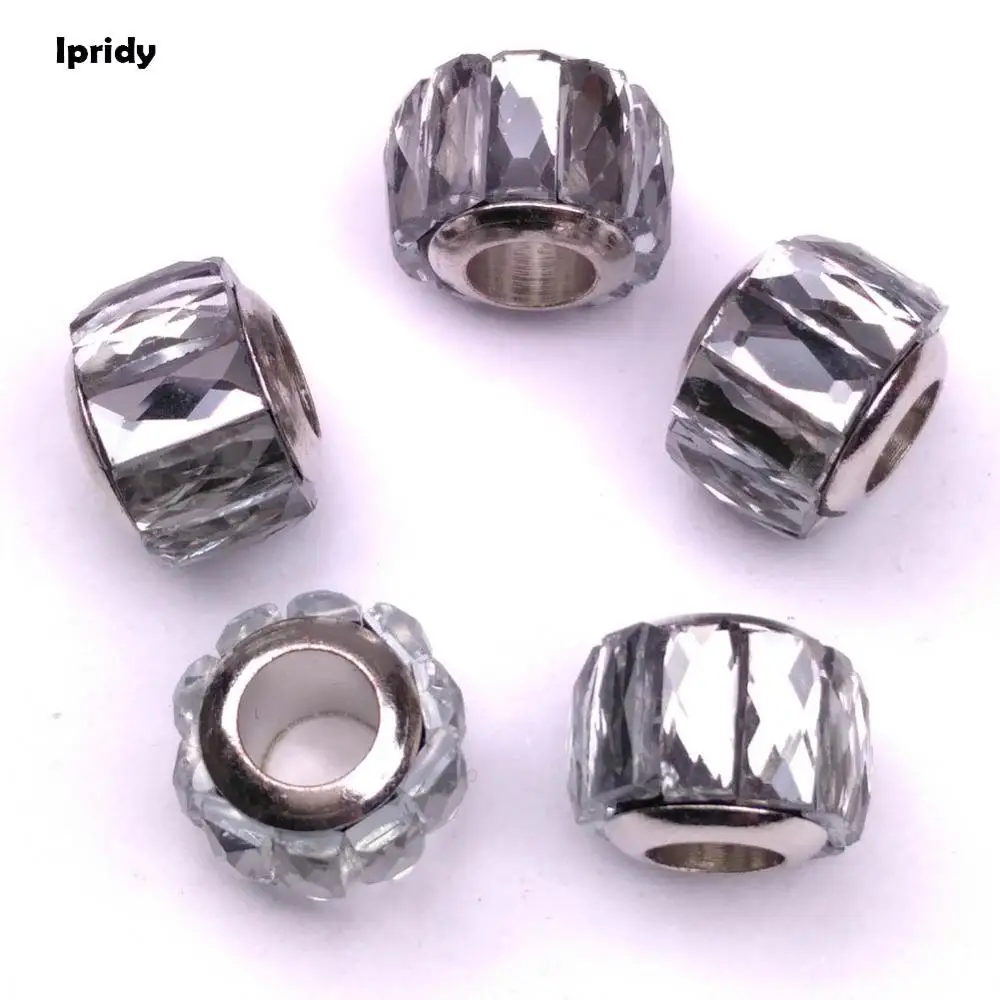 silver 10 шт./партия Стеклянные европейские бусы с латунным сердечником, бисер с большими отверстиями со стразами подходят DIY привлекательные металлические браслеты - Color: silver