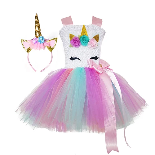 dress with a set Платье-пачка с единорогом для девочек пышный костюм до колена для дня рождения и ролевых игр с повязкой на голову для карнавала, Пасхи, для детей возрастом от 1 года до 14 лет - Цвет: dress with a set