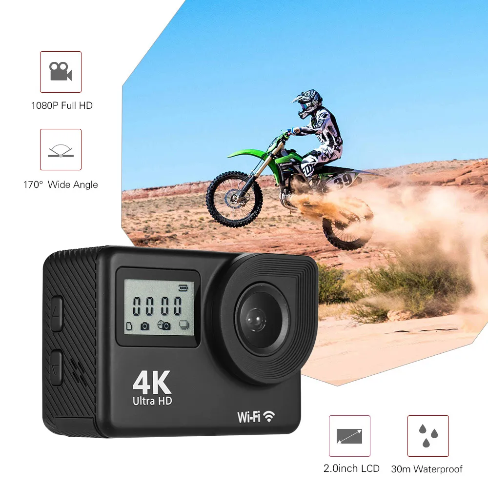 Pаспродажа 4K 30FPS Ultra HD WiFi Спортивная Экшн-камера 18 МП 170 ° Широкий угол 2,0 дюйма ЖК-экран 30 м Водонепроницаемая с 2 шт. литий-ионных батарей