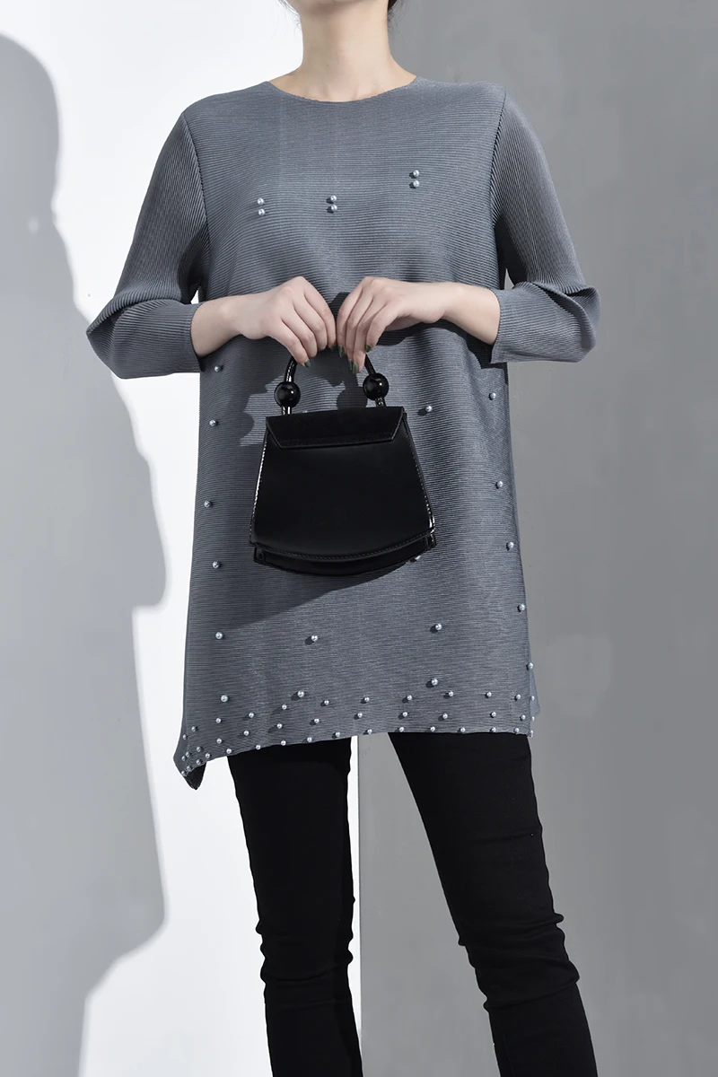 LANMREM Новая модная женская рубашка с длинными рукавами женские толстовки Vestido с круглым вырезом с длинными рукавами плиссированная рубашка с жемчугом NA94806