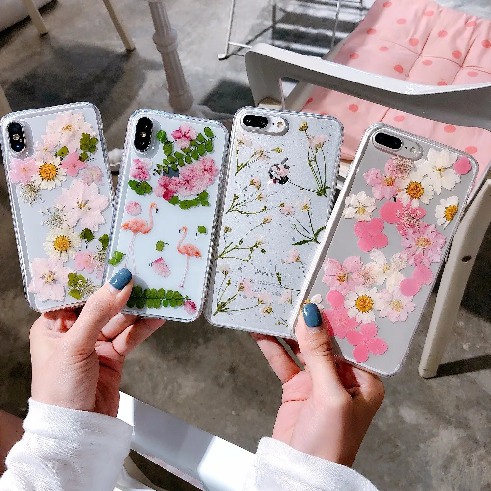 New Flamingo Mum Real Dry Flower Transparent Hard Case For Apple iphone 6 7 8 Plus X XR XS Max Cover 6plus 7P 8plus XsMax Cases | Мобильные