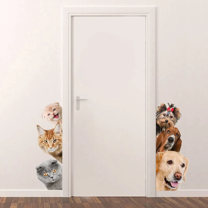Funny 3D Cat Dog Door Wall Sticker For Kids Room Bedroom Home Decor Background Art Decals Room Decorations Cute Animals Stickers