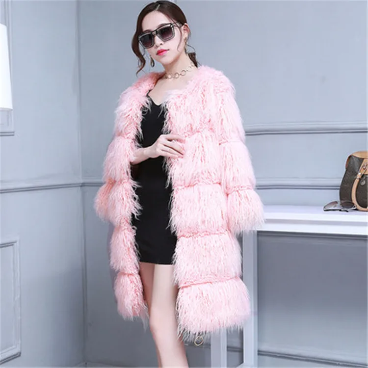 Women Sweet Pink Stripe Faux Wool Fur Coat N52