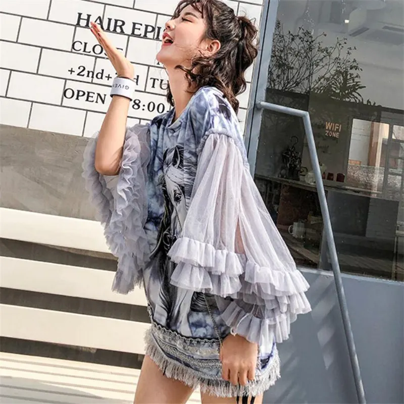 Summer T shirt women Clothes 2019 Casual 3D Pattern Printing Tees Loose mesh Big Ruffles Butterfly Sleeve T-shirt Women Tops | Женская