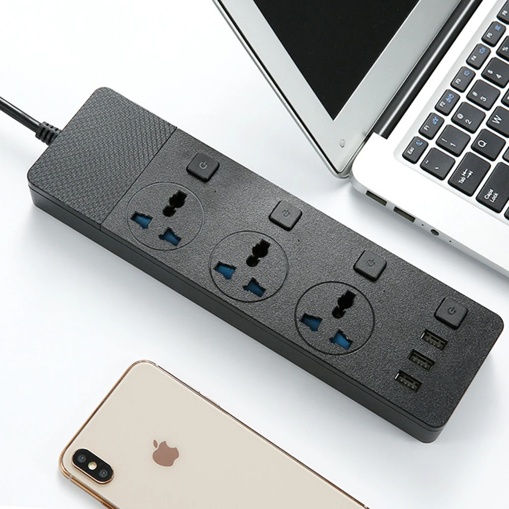 USB Мощность полосы 3 Универсальный AC Розетка с розетки выключатель 2 м кабель