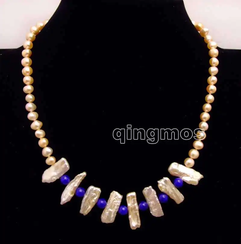 Розовый круглый натуральный жемчуг 6-7 мм Biwa 15-25 и синие бусины 6 17 дюймов Necklace-nec6170 -