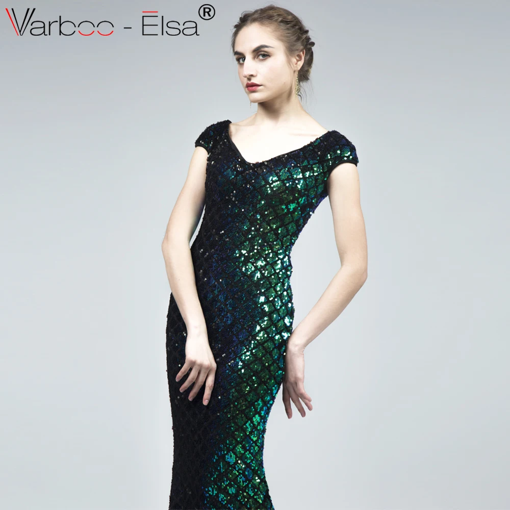 VARBOO_ELSA зеленое блестящее вечернее платье с v-образным вырезом 2018 Дешевое расшитое