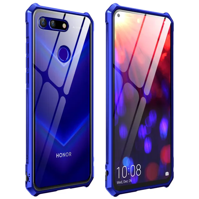 Для huawei Honor V20 чехол Роскошный Алюминиевый металлический каркас бампер и прозрачная задняя крышка из закаленного стекла для huawei View 20 чехол - Цвет: Black Purple