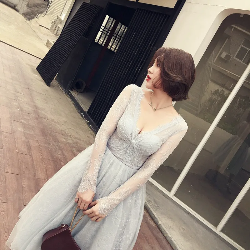 Высокое качество Серый Тюль Fülle рукава короткие вечернее платье весна вечерние