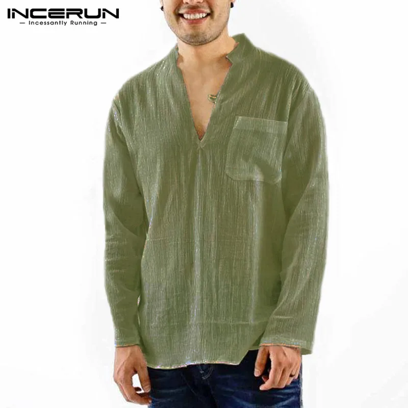 Army Green Пляжные мужские рубашки из хлопка и льна повседневные облегающие нагрудные карманы воротник Мандарин белые футболки топы Осенняя рубашка блузка сорочка - Цвет: Army Green