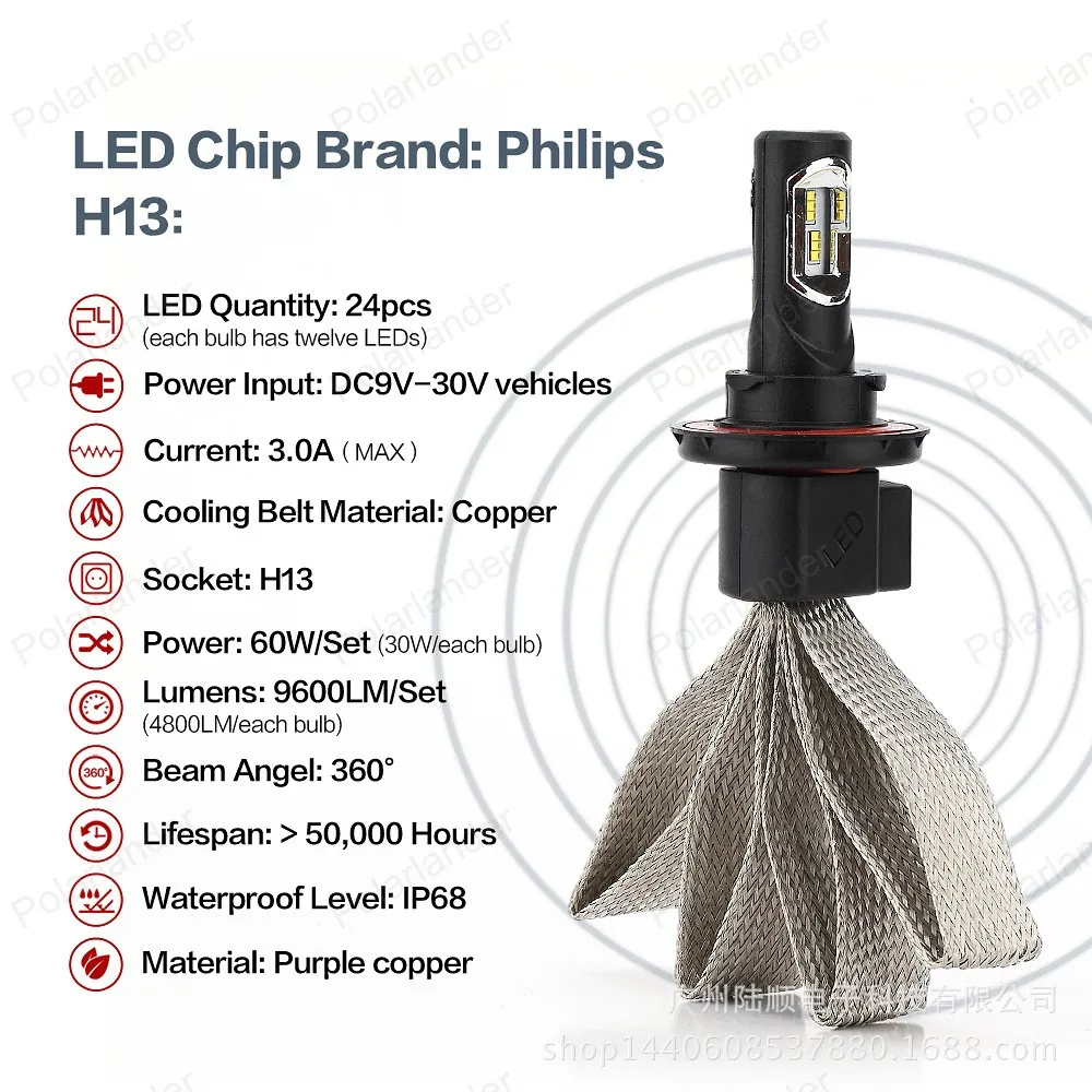 Автомобильные светодиодные фары P7 H13 высокой мощности Diamond Auto 36W X2 белый 6000K Repalcement