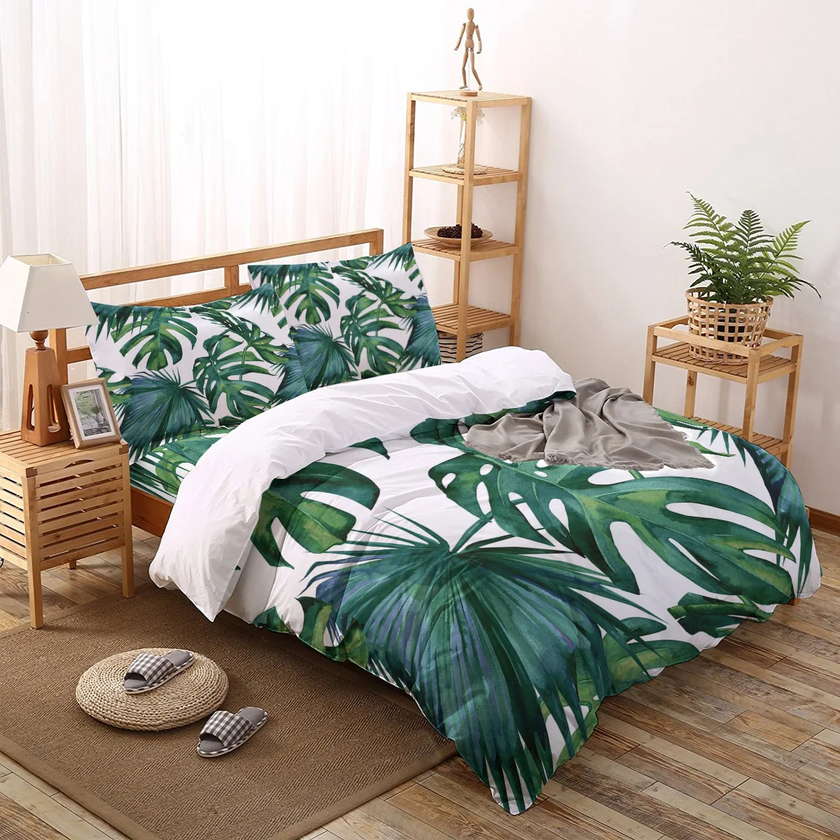 

Classic Palm Leaves Tropical Jungle Green Duvet Cover 3D Cotton King Size Queen Size Quilt Cover Set Comforter Bedding Sets