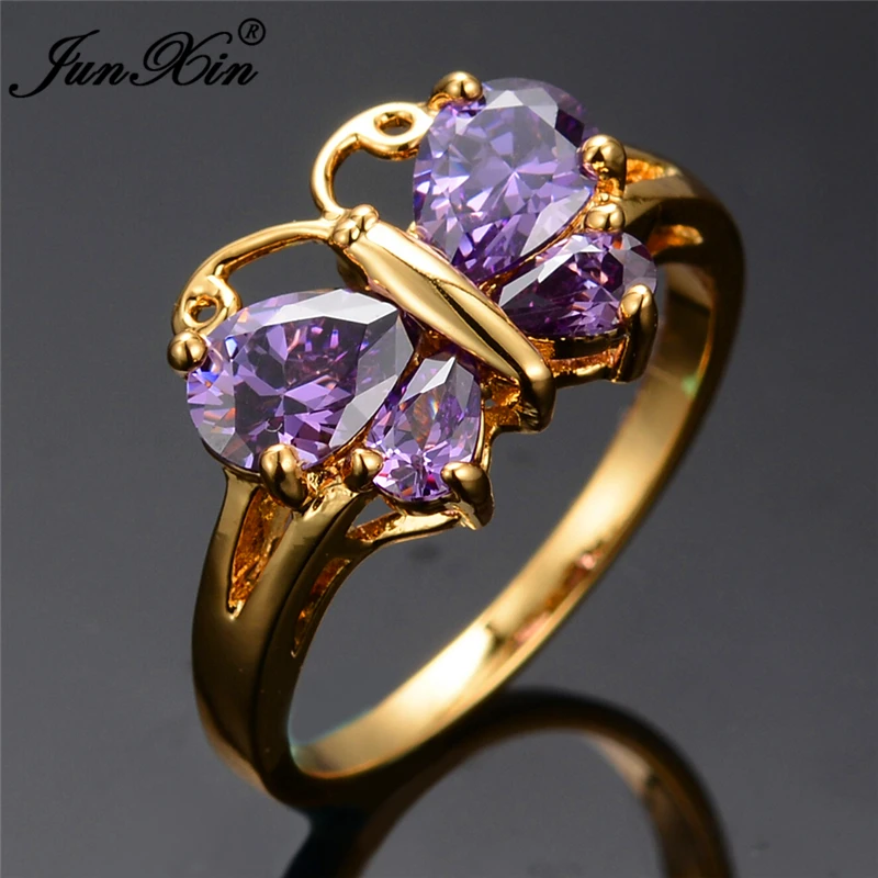 JUNXIN элегантное кольцо в стиле бабочки с фиолетовым Цирконом и камнем желтое