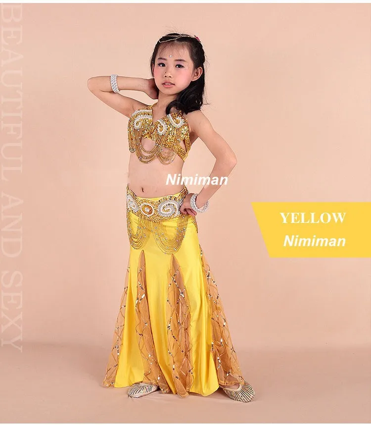 yellow Дизайн, Детский костюм для танца живота, комплект из 3 предметов, 2 предмета, индийский Детский костюм для танца живота, бюстгальтер, пояс и юбка, распродажа - Цвет: yellow