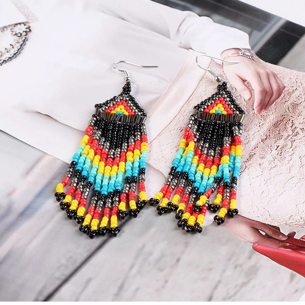 Серьги ручной работы из бисера богемные длинные висячие серьги с кисточками