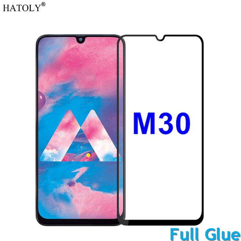 Vidrio Templado pegamento completo para Samsung Galaxy M30 Protector de pantalla cubierta completa para Samsung Galaxy M30 6,4 "pel&iacute;cula a prueba de polvo HATOLY-0