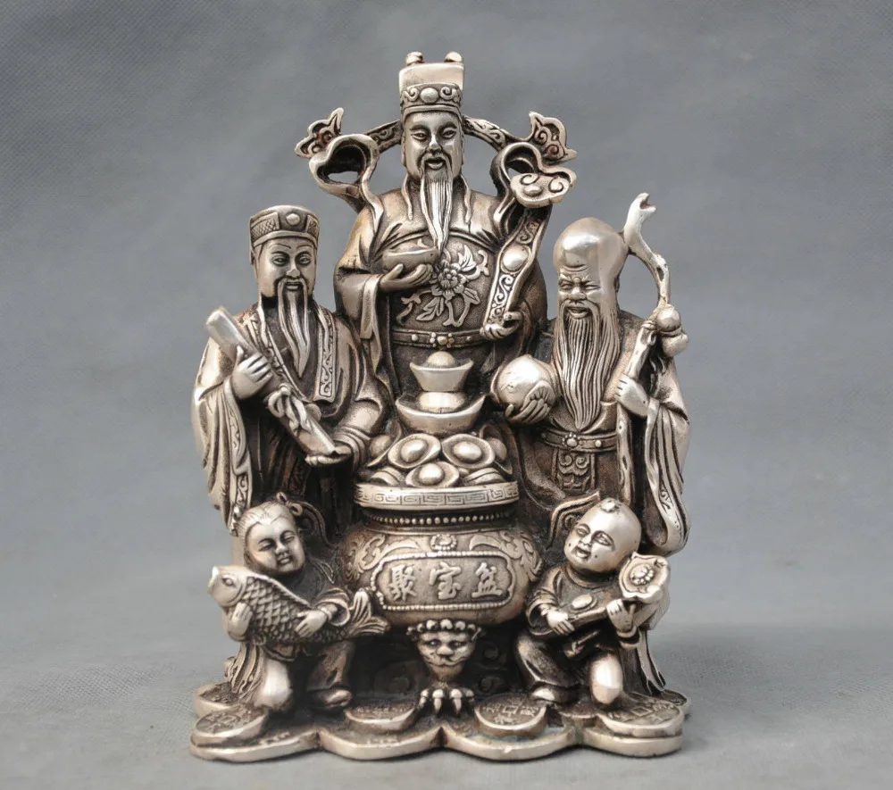 

xd 001758 7" China Silver Bronze Fu Lu Shou 3 Star Mammon Boy Fish Statue