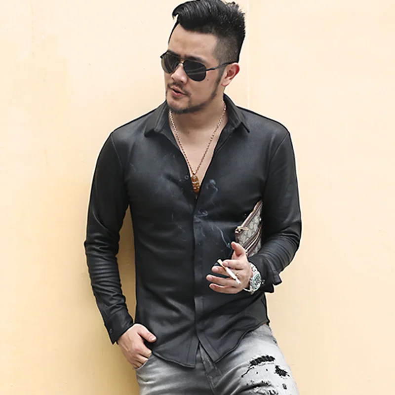 Мужская Осенняя рубашка черная с длинным рукавом в стиле ретро тонкая эластичная