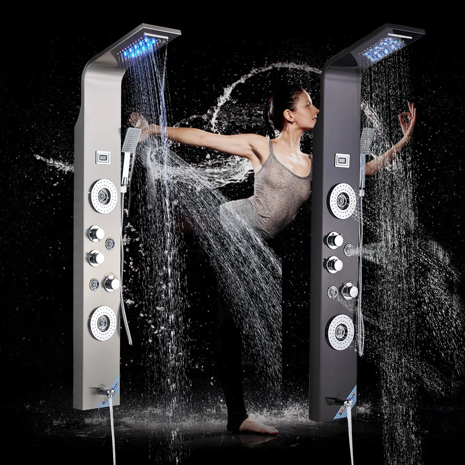 Brushed Nickel Thermostatic Shower Panel Column LED rain waterfall Shower Faucet 4 Massage jets with Tub Spout and Hand Shower