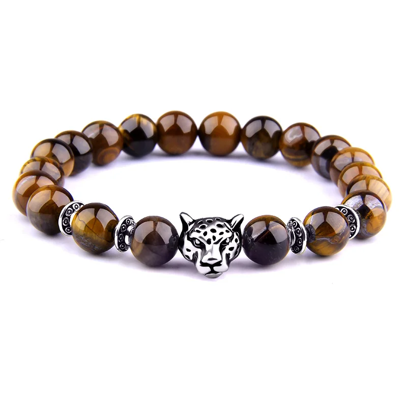 Fashion couples bracelet Gold Silver Leopard Head charm Bracelet Natural Yellow Tiger Eye Beads Bracelets for Men Women | Украшения и