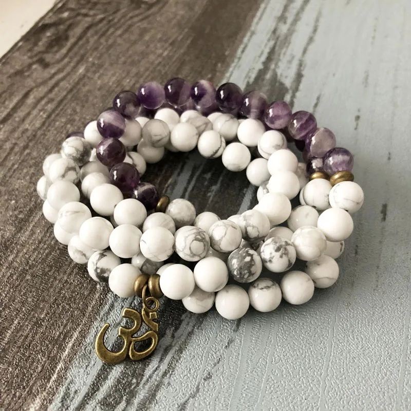 8 мм Howlite Mala 108 молитвенные бусы ожерелье «Ом» и браслет Фиолетовый A-gate 108 мантра белый мала буддийский ОМ Браслет Йога
