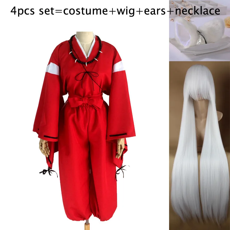 Coshome аниме Inuyasha Косплей костюмы Красный японское кимоно мужской халат костюм W парики уши и ожерелье для Хэллоуина Вечерние - Цвет: 4pcs set