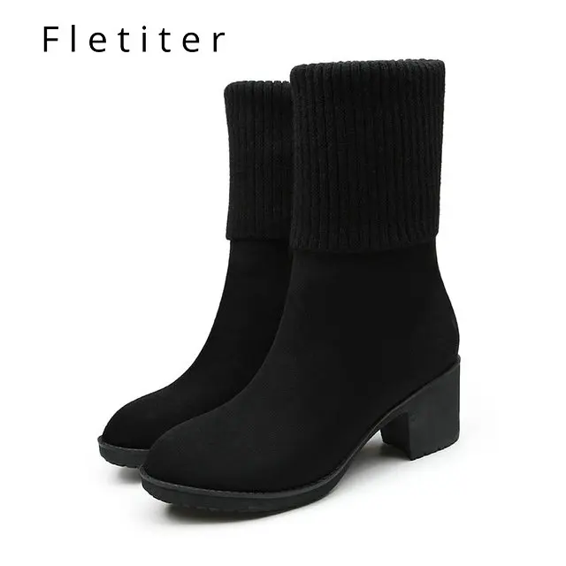 Black Fletiter/модные женские зимние сапоги до колена; вязаные сапоги-носки; женские черные сапоги без застежки на теплом меху; женские сапоги до бедра - Цвет: Black