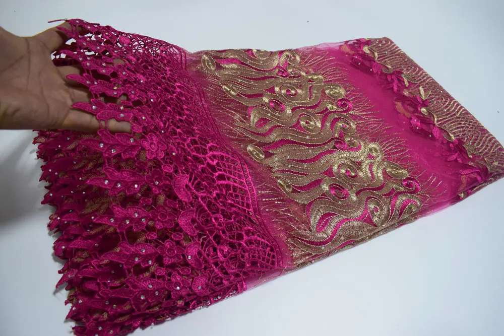 

2017 Latest French net lace African embroidery net lace fabric with guipure lace and stones FLP-355