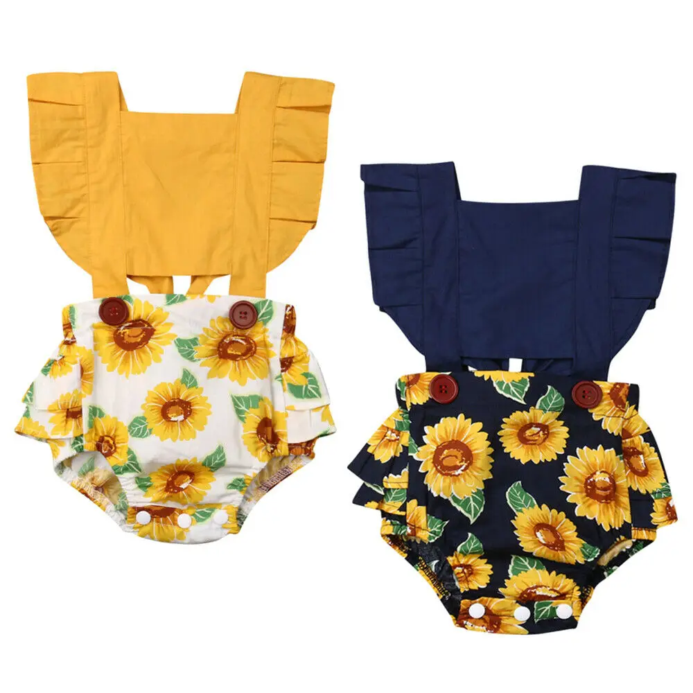 Toddler Baby Girls Sunflower Bodysuit Ruffles Short Sleeve Print Jumpsuit Outfit Set Sunsuit Clothes |